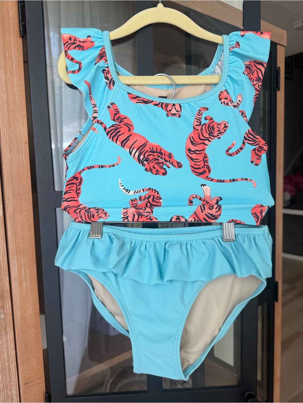 Tea Collection tigers bikini set turquoise swimsuit ruffle girls tank bottoms